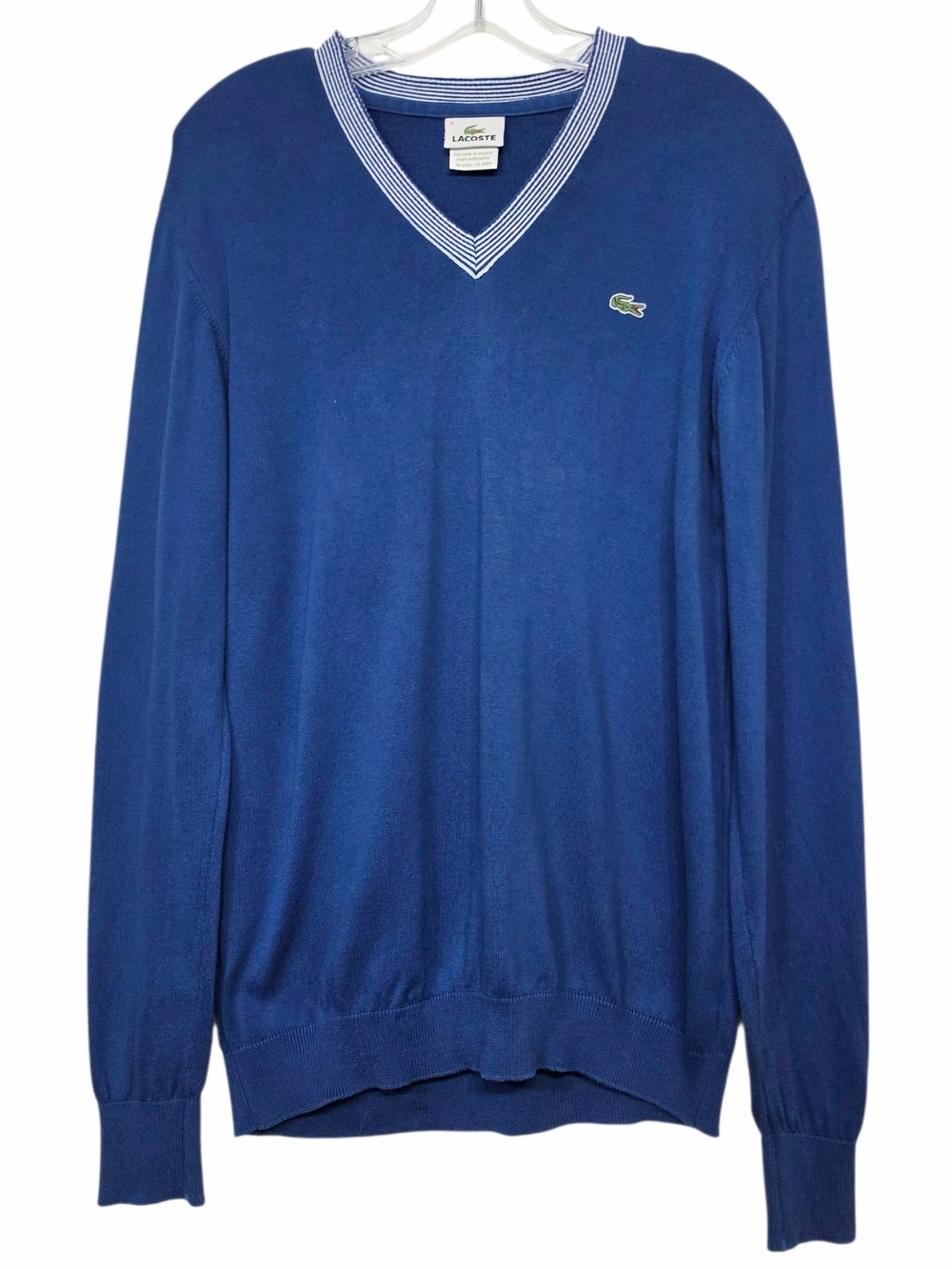 Lacoste Men's Blue V-Neck Cotton Sweater White Trim Crocodile Logo Size 5 Large
